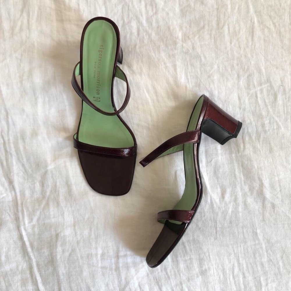 Sigerson Morrison patent leather double-strap slides with block heel